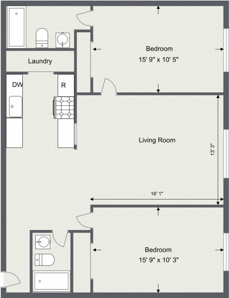 Floor plan for 2 beds, 2 baths, 990 sqft